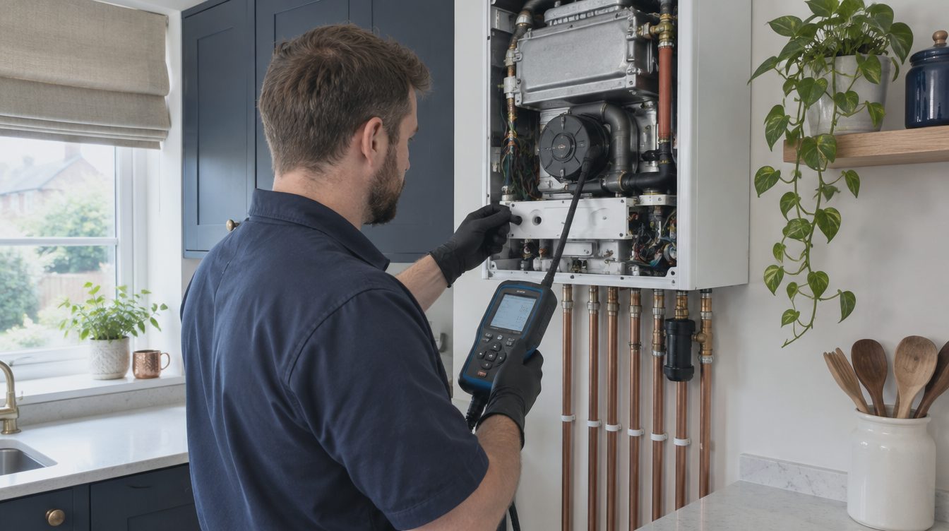 Illustrative photo of a heating engineer beside a boiler