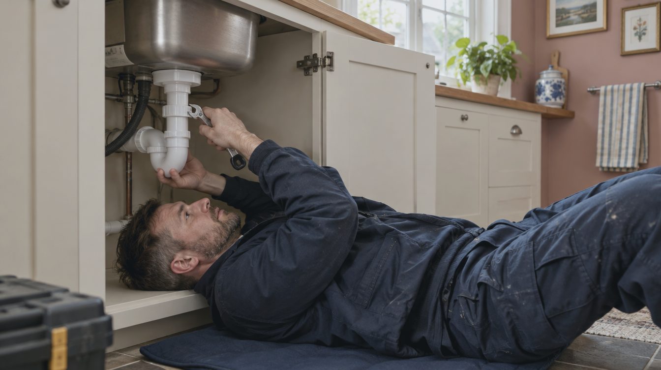Illustrative photo of a plumber working on pipework under a kitchen sink